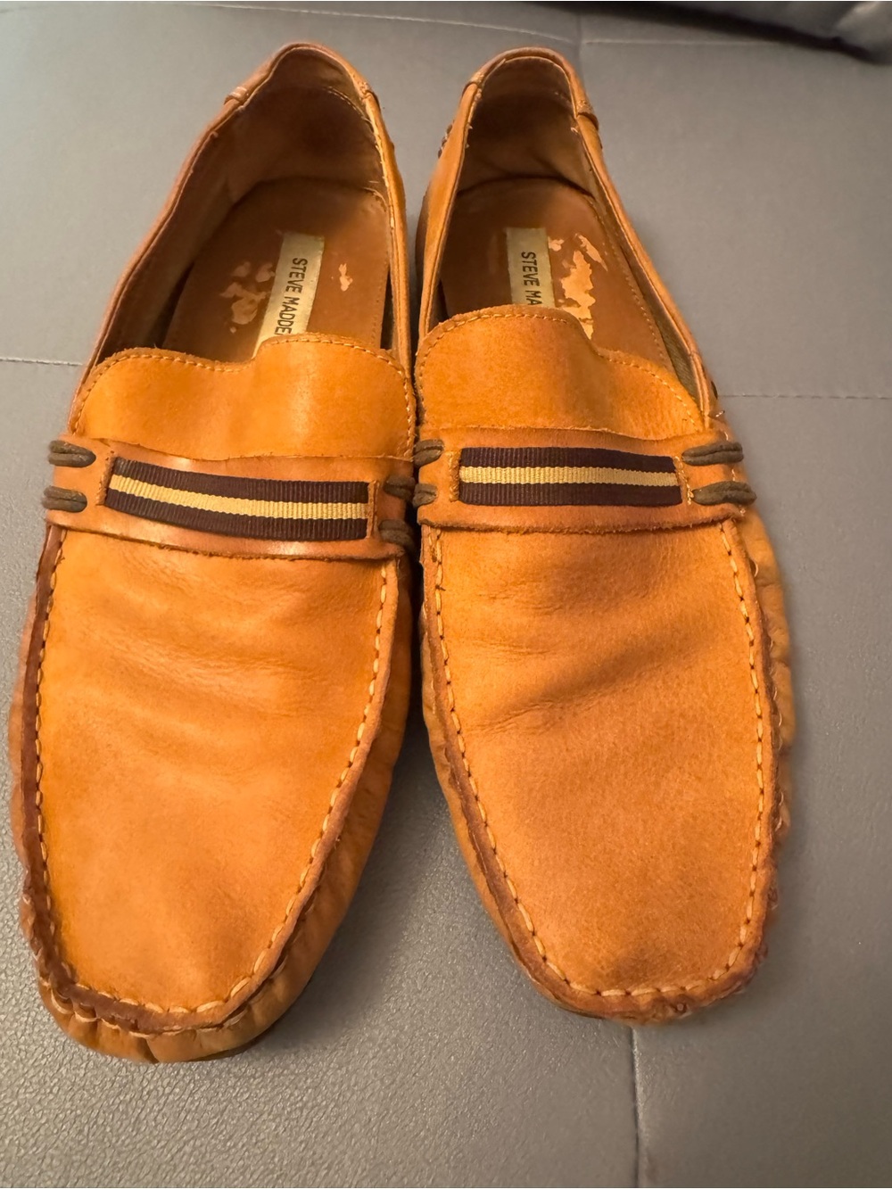 Steve Madden Tan Leather Slip-On Loafers with Striped Ribbon